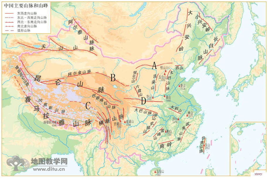 下图是我国主要山脉分布图请根据下图回答以下几个问题