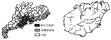 读广东省内部区域划分图和海南岛轮廓图,回答1—5题.