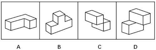 下图中的立体图形①是由立体图形②,③和④组合而成,下列哪一项不能