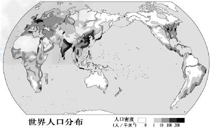 读世界人口分布图,回答1-3题.