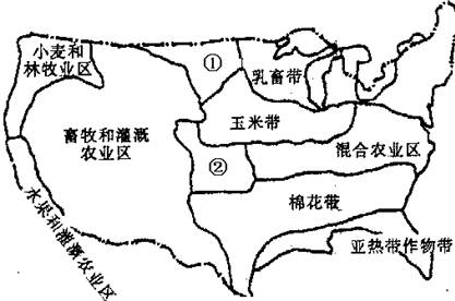 读美国农业带分布示意图回答1718题